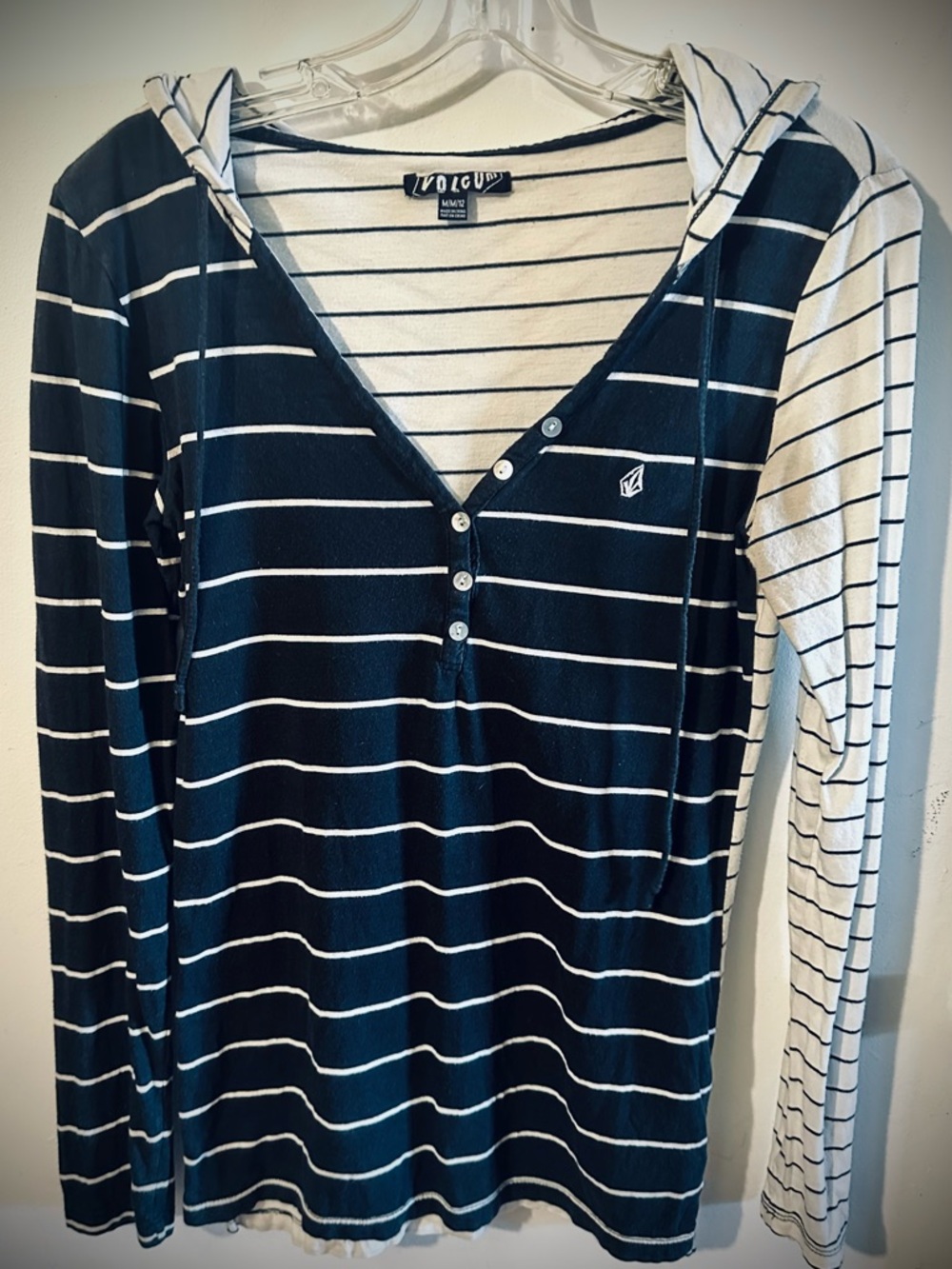 Volcom Navy & White Striped Hooded Henley